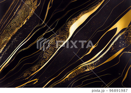 Black and gold marble abstract background. Decorative acrylic paint pouring rock marble texture. Horizontal Black and gold wavy abstract pattern. 96891987