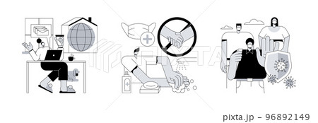 Coronavirus personal protection abstract concept vector illustration set. Self isolation, do your part, wear a mask, wash your hands, social distancing, infection exposure risk abstract metaphor. 96892149