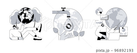 Save the planet abstract concept vector illustration set. Reduce Reuse Recycle, water consumption, climate data share and use, upcycling program, weather forecast, overconsumption abstract metaphor. 96892193