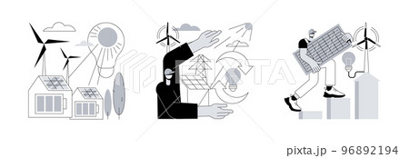 Clean green energy abstract concept vector illustration set. Alternative energy, sustainable eco system, renewable sources, wind turbine, solar panels, green economy, eco friendly abstract metaphor. 96892194