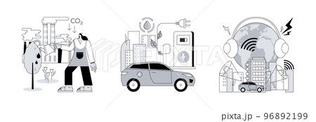 Urban environment abstract concept vector illustration set. Reduction of gas emissions, electric vehicle use, noise pollution, Co2 greenhouse gas, eco-friendly transportation abstract metaphor. Urban environment abstract concept vector illustration set. Reduction of gas emissions, electric vehicle use, noise pollution, Co2 greenhouse gas, eco-friendly transportation abstract metaphor. 96892199