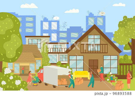 People moving house, new home and workers carrying furniture, cardboard boxes vector illustration. Happy people in new cottage. 96893588