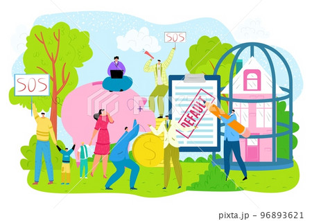 Loss of property, house arested by bank for unpaying mortgage, real estate housing market depression, vector illustration Loss of property, house arested by bank for unpaying mortgage, real estate housing market depression, vector illustration 96893621