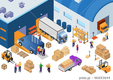 Isometric warehouse storage and industrial equipment, 3d logistic hub vector illustration. Forklift carrying pallets with boxes, storehouse shelves. 96893644