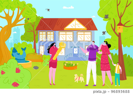 Buy new house concept, real estate investment vector illustration. New home for family with kids, buying property. Real estate agent gives key from house. 96893688