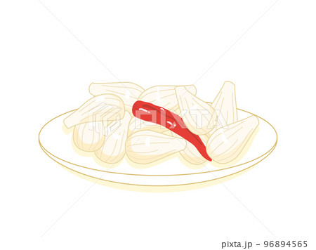 白いお皿に盛りつけられたラッキョウの甘酢漬けのイラスト 96894565