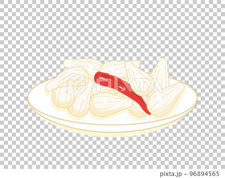 白いお皿に盛りつけられたラッキョウの甘酢漬けのイラスト 96894565