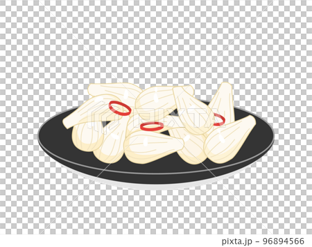 Illustration of sweet and sour pickled shallots served on a black plate 96894566