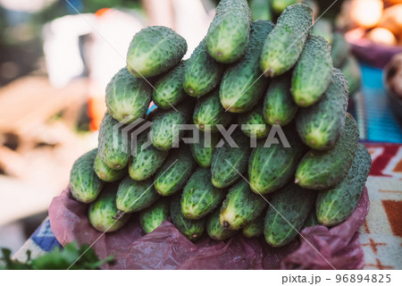 Cucumbers on the counter. Retail sale of vegetables. Cucumbers on the counter. Retail sale of vegetables. 96894825