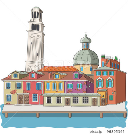 Color drawing of old multi-colored traditional Venetian houses on the banks of the canal. Color drawing of old multi-colored traditional Venetian houses on the banks of the canal. 96895365
