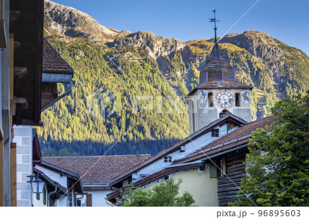 Idyllic landscape of Preda village in Engadine valley, Swiss Alps, Switzerland 96895603