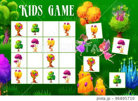 Sudoku kids game, fantasy magic trees and plants. Vector riddle, boardgame worksheet with cartoon fairy characters, mushrooms and alien flora on chequered board. Educational task, children crossword 96895710