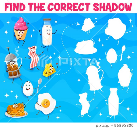 Find the correct shadow of cartoon breakfast food characters. Shadow search quiz, matching puzzle vector worksheet with milk bottle, french press coffee and bacon, cheese, egg, pancake comic personage 96895800