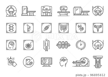 MRI scan outline icons. Hospital or clinic radiology, tomography diagnostic, magnetic resonance imagining medical equipment thin vector thin line symbols or pictograms with MRI scanner, patient organs MRI scan outline icons. Hospital or clinic radiology, tomography diagnostic, magnetic resonance imagining medical equipment thin vector thin line symbols or pictograms with MRI scanner, patient organs 96895812