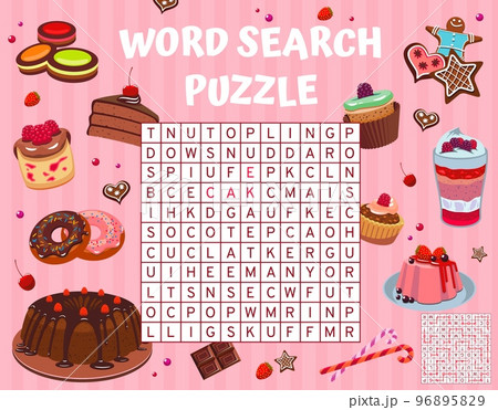 Cartoon cakes, pies and desserts, word search puzzle game worksheet, vector word quiz. Word search riddle to find word of donut and pudding, bakery cakes, cheesecake or pancake with muffin 96895829