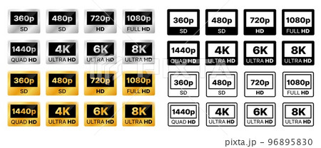 Video resolution icons. Display, monitor or TV definition silver and gold labels, badges, media quality format and 1080p, 4k, ultra HD video resolution and size symbols, monochrome icons or signs 96895830