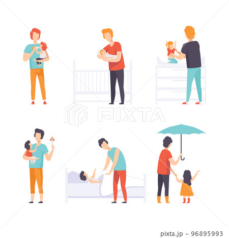 Young Fathers Taking Care of Their Babies Nursing and Feeding Them Vector Set Young Fathers Taking Care of Their Babies Nursing and Feeding Them Vector Set 96895993