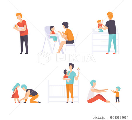 Young Fathers Taking Care of Their Babies Nursing and Feeding Them Vector Set 96895994