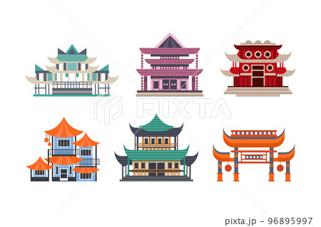 Pagoda as Tiered Tower with Multiple Eaves as Asian Architecture Vector Set Pagoda as Tiered Tower with Multiple Eaves as Asian Architecture Vector Set 96895997