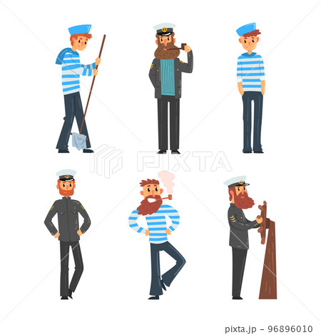 Sailors and Captain in Uniform with Cap and Striped Shirt on Board of Ship Vector Set 96896010