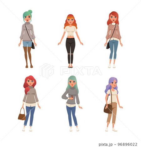 Trendy Young Woman with Different Hairstyle Wearing Modern Clothing Vector Set 96896022