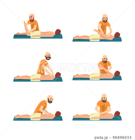 Bearded Male Professional Masseur Massaging Patient Lying on Bed Vector Set Bearded Male Professional Masseur Massaging Patient Lying on Bed Vector Set 96896033