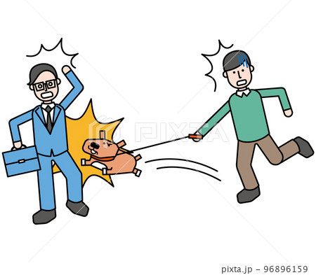 通行人に飛びつく愛犬と慌てる飼い主 96896159