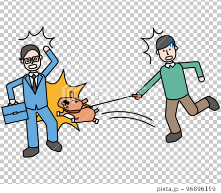通行人に飛びつく愛犬と慌てる飼い主 96896159