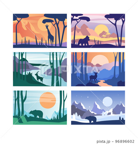 Nature Scene and Landscape View with Trees, Animals and Mountain Silhouette Vector Set 96896602