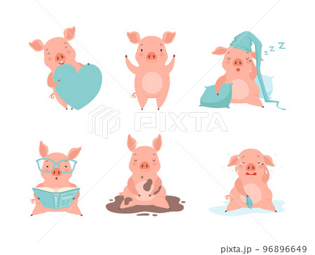 Pink Little Pig Character in Dirt Puddle, with Heart, Sleeping, Crying and Reading Book Vector Set 96896649