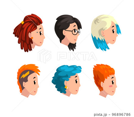 Profile Portrait or Head of Woman Character with Modern Hipster Hairstyle Vector Set 96896786