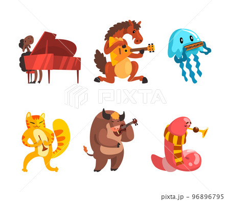 Funny Animal Character Playing Different Musical Instrument Performing Concert Vector Set 96896795
