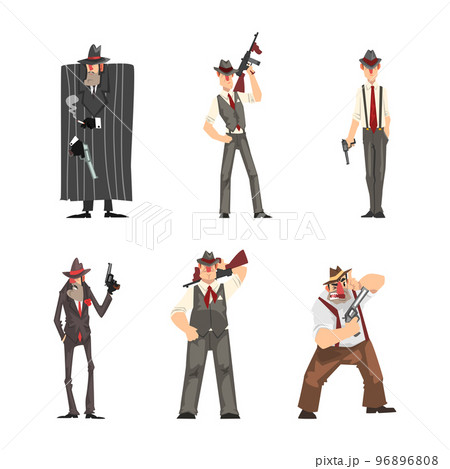 Gangster and Criminal Character in Fedora Hat Standing with Gun and Pistol Vector Set 96896808