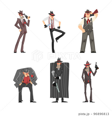 Gangster and Criminal Character in Fedora Hat Standing with Gun and Pistol Vector Set 96896813