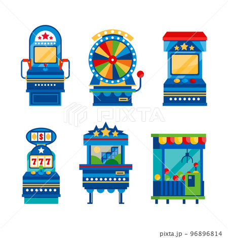 Slot Arcade Gambling Machine with Lever and Button Vector Set 96896814