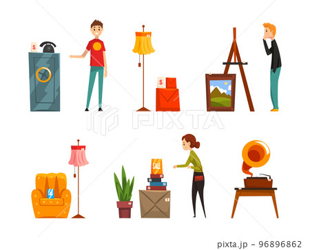 Flea Market with People Character Selling Second Hand Goods Vector Set 96896862