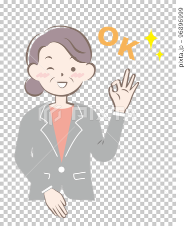 OKサインを出すスーツ姿のシニア女性	 96896999