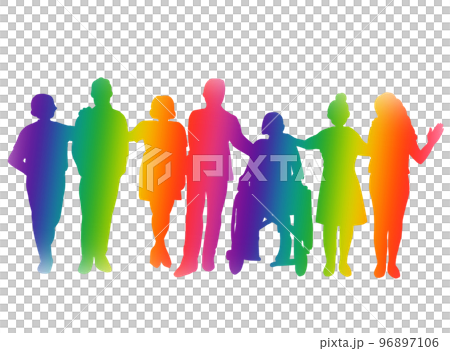 Rainbow color silhouette, side by side, adult, 7 people, wheelchair Rainbow color silhouette, side by side, adult, 7 people, wheelchair 96897106