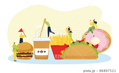 Fast food, tiny people character together eat trash foodstuff burger, french fries, donuts and tacos flat vector illustration, isolated on white. 96897521