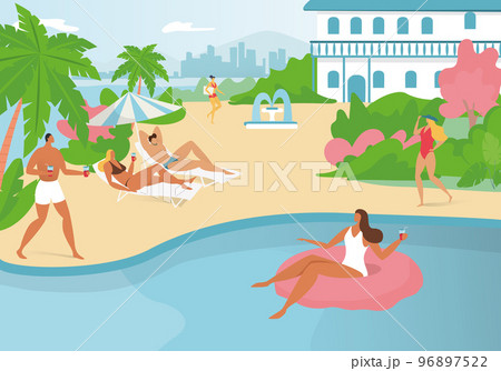 Tropical country vacation, people relax together hotel beach swimming pool flat vector illustration, holiday accommodation guesthouse. 96897522