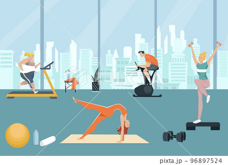 Fashion sport workout center, people character together physical activity in gym place flat vector illustration, healthy lifestyle. 96897524