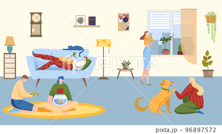 Cheerful people character together home pets, woman and man play with dog, cat and domestic turtle flat vector illustration. 96897572