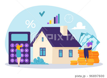 Monthly mortgage rent house payment, tiny character woman interest calculation rental accommodation flat vector illustration, isolated on white. 96897600