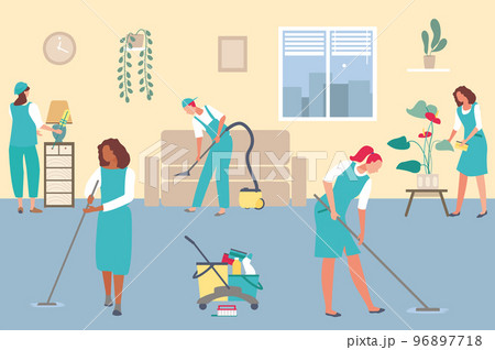 Professional cleaning service employee group work together, woman hold mop, vacuum cleaner flat vector illustration, comfortable dirty room. Professional cleaning service employee group work together, woman hold mop, vacuum cleaner flat vector illustration, comfortable dirty room. 96897718