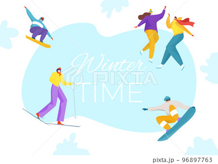 Healthy lifestyle winter sport poster, people character together ski and snowboard flat vector illustration, isolated on white. 96897763