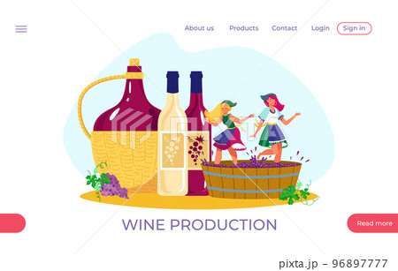 Wine beverage production web application website banner, template landing webpage mobile app flat vector illustration, champagne company. 96897777