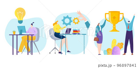 Office clerk colleague character sitting workplace, teamwork golden cup and light bulb idea flat vector illustration, isolated on white. 96897841
