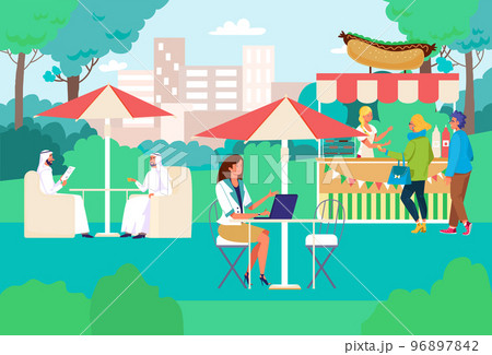 Lunchtime summer outdoor cafe, people together eat breakfast park buffet place, business lunch fast food flat vector illustration. 96897842