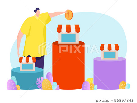 Male hold gold coin money dollar, business investment growth successful franchise management flat vector illustration, isolated on white. 96897843