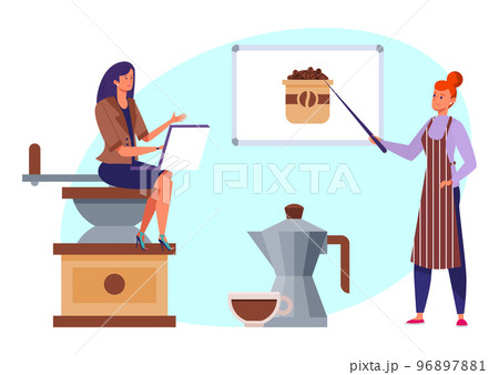 Make coffee drink study woman tiny character sitting grinder, teacher training indicate coffee bean flat vector illustration, isolated on white. 96897881